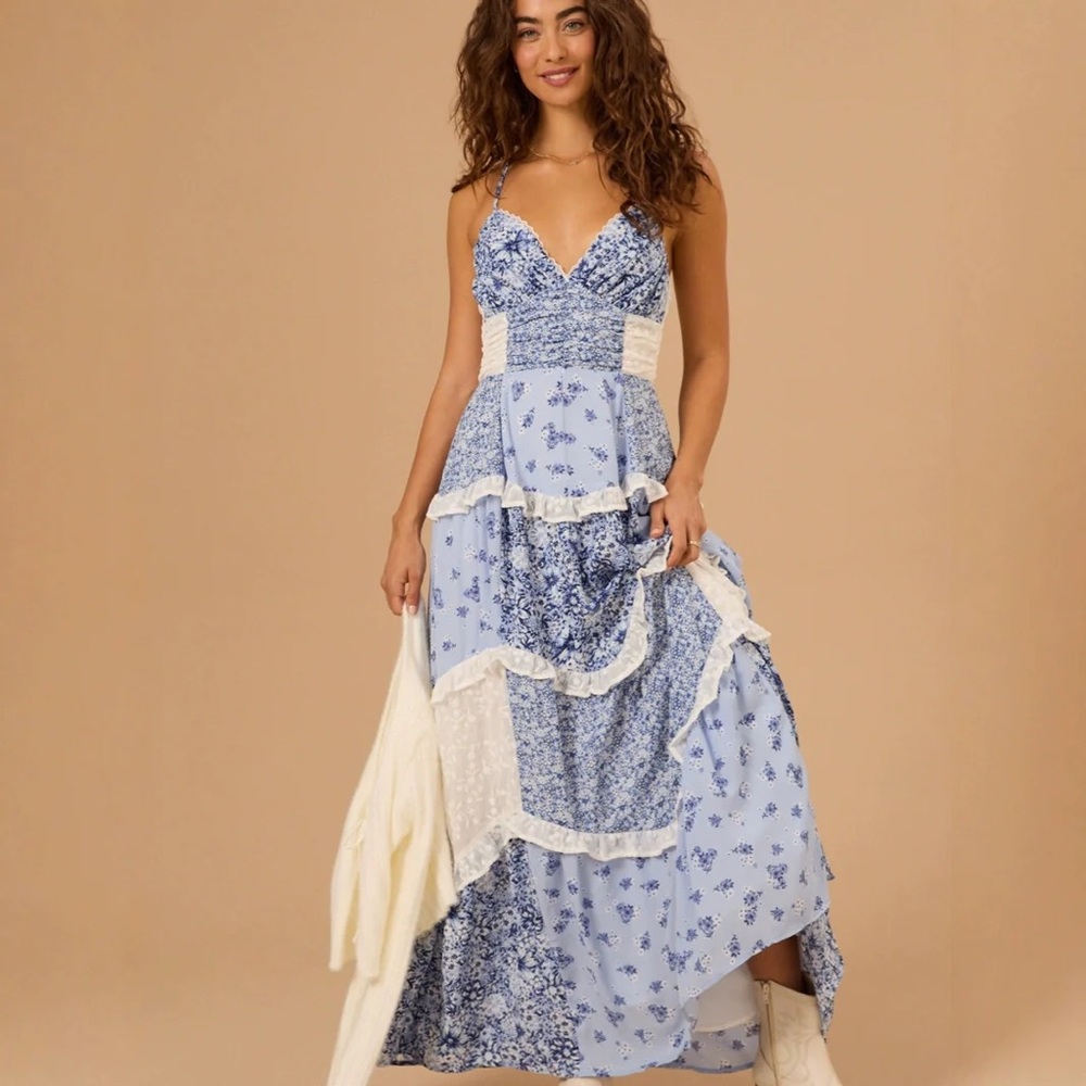 Altar'd State Aderny Patchwork Floral Maxi Dress In Dusty Blue
